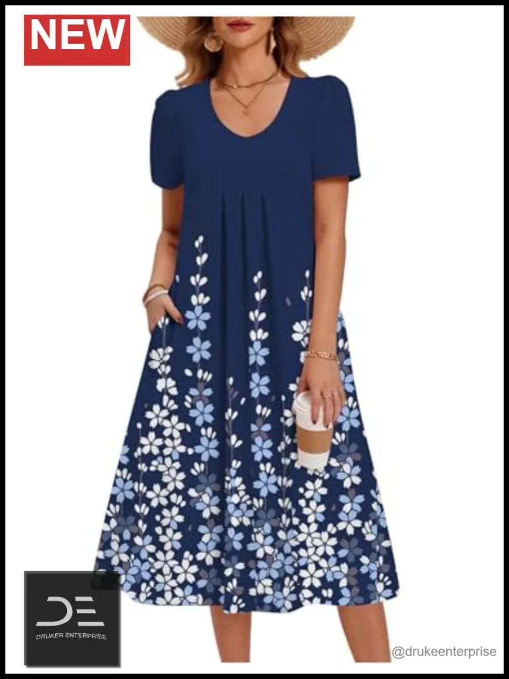 Women's Casual Floral Midi Sundress with Pockets V Neck Pleated Short Sleeve